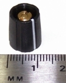 Black tapered collet knob with white line, 9mm top, 10mm bottom, 4mm; shaft size, pro audio gear parts KNOB-T9/B10-004-BLK-L. K1-3B