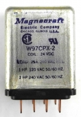Used Magnecraft W97CPX-2 / Hart WU024D3 2 Pole 1HP 25A Delay Relay, 24 VDC Coil. 2 sets NO Contacts, 2 Sets NC Contacts. RL